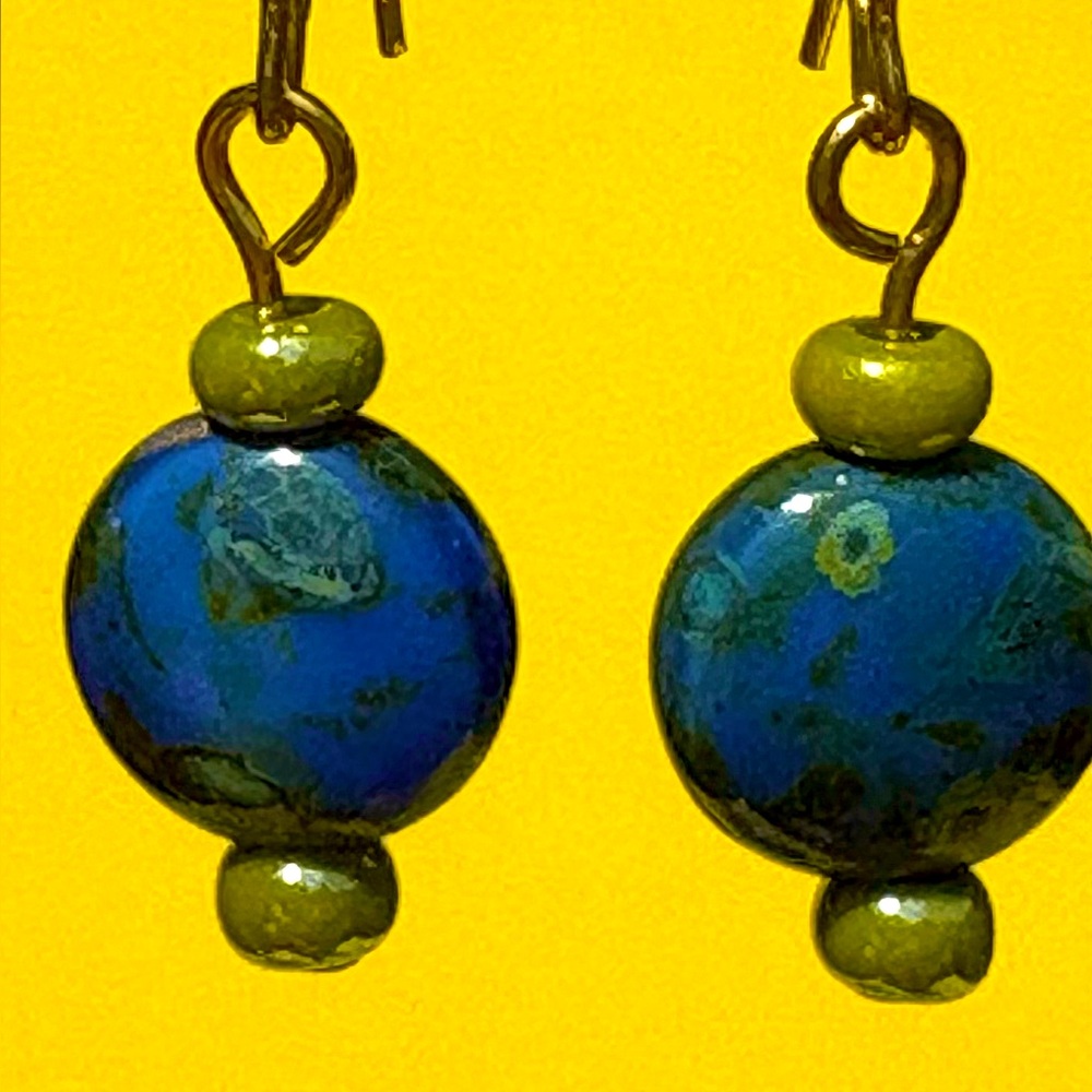 Earrings Pierced Handmade Unique Design Red Glass w/Black & Blue Glass w/Green - Picture 4 of 5